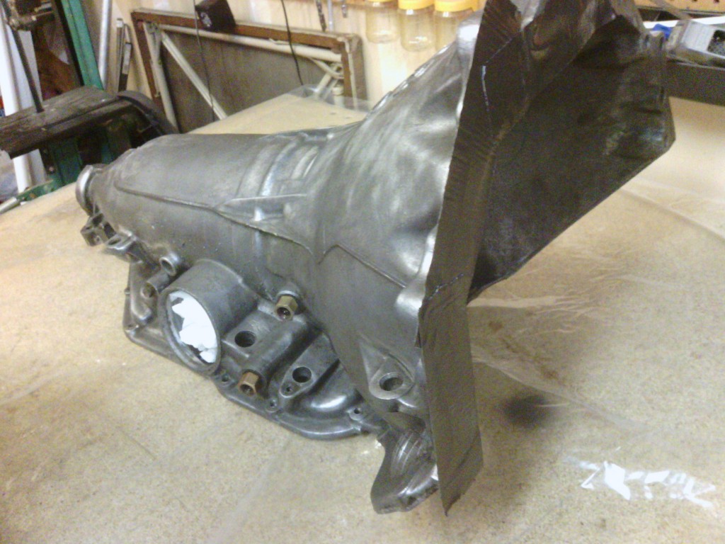 The 200-4R transmission case, ready to be sprayed.