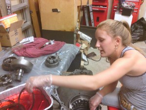 Jackie soaking the new clutch plates and frictions.
